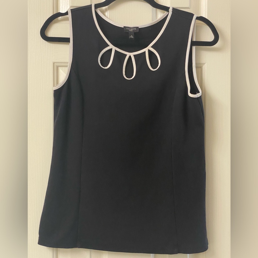Talbots Black Tank Top with White Trim Teardrop Neck Cutouts Size Small Petite